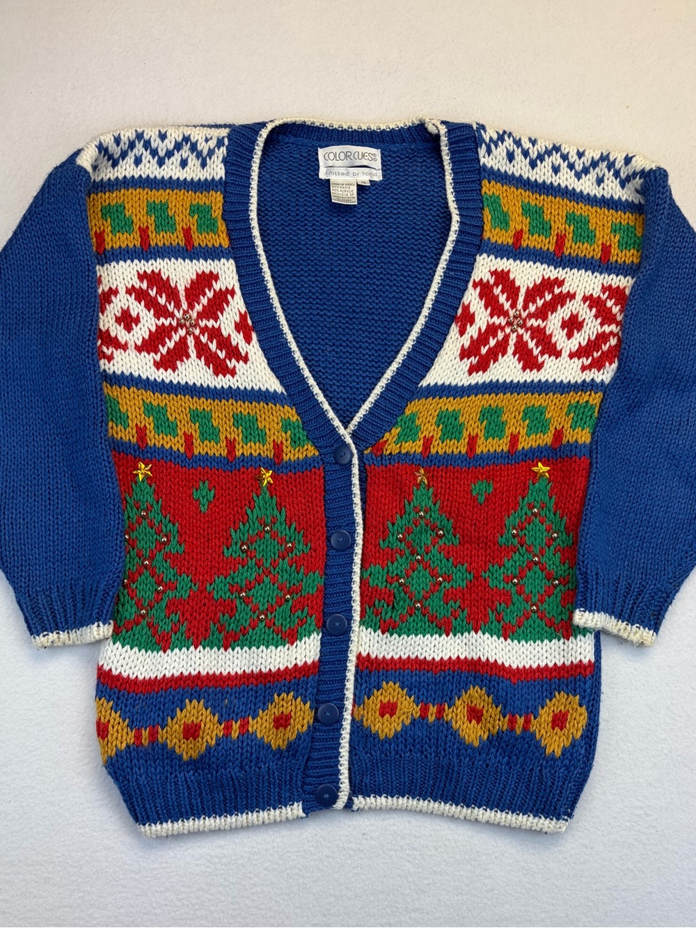 Color Cues Hand Knit Fair Isle Christmas Tree Button-Front Cardigan Sweater M